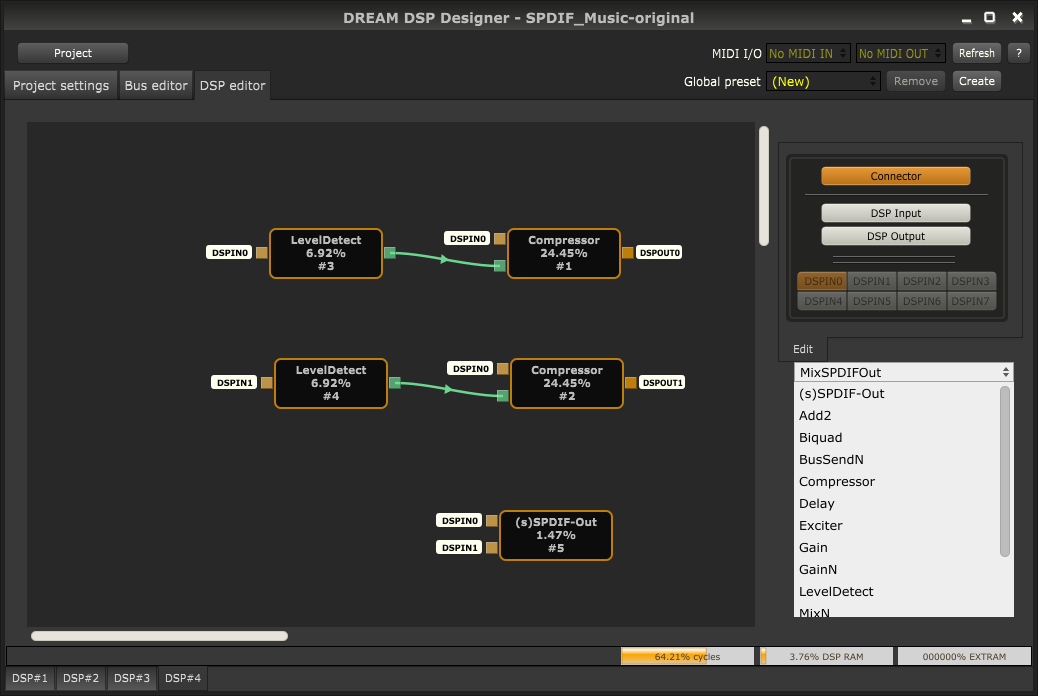 Graphical interface for easy configuration of DSP processes and routings inside SAM5000 series ICs.